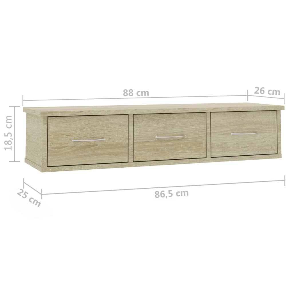 sonoma falra szerelhető szerelt fa fiókos polc 88x26x18,5 cm