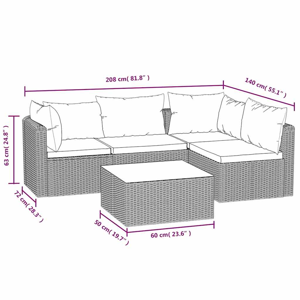 5 részes fekete polyrattan kerti társalgószett párnákkal