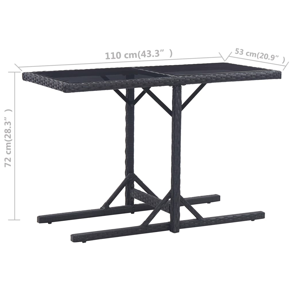 fekete polyrattan és üveglapos kerti asztal 110 x 53 x 72 cm