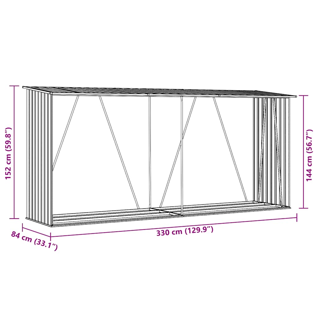 barna horganyzott acél kerti tűzifatároló 330 x 84 x 152 cm