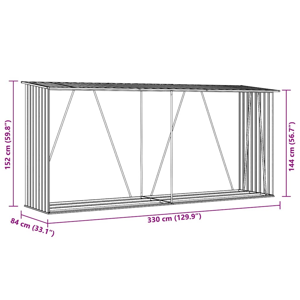 antracit horganyzott acél kerti tűzifatároló 330 x 84 x 152 cm