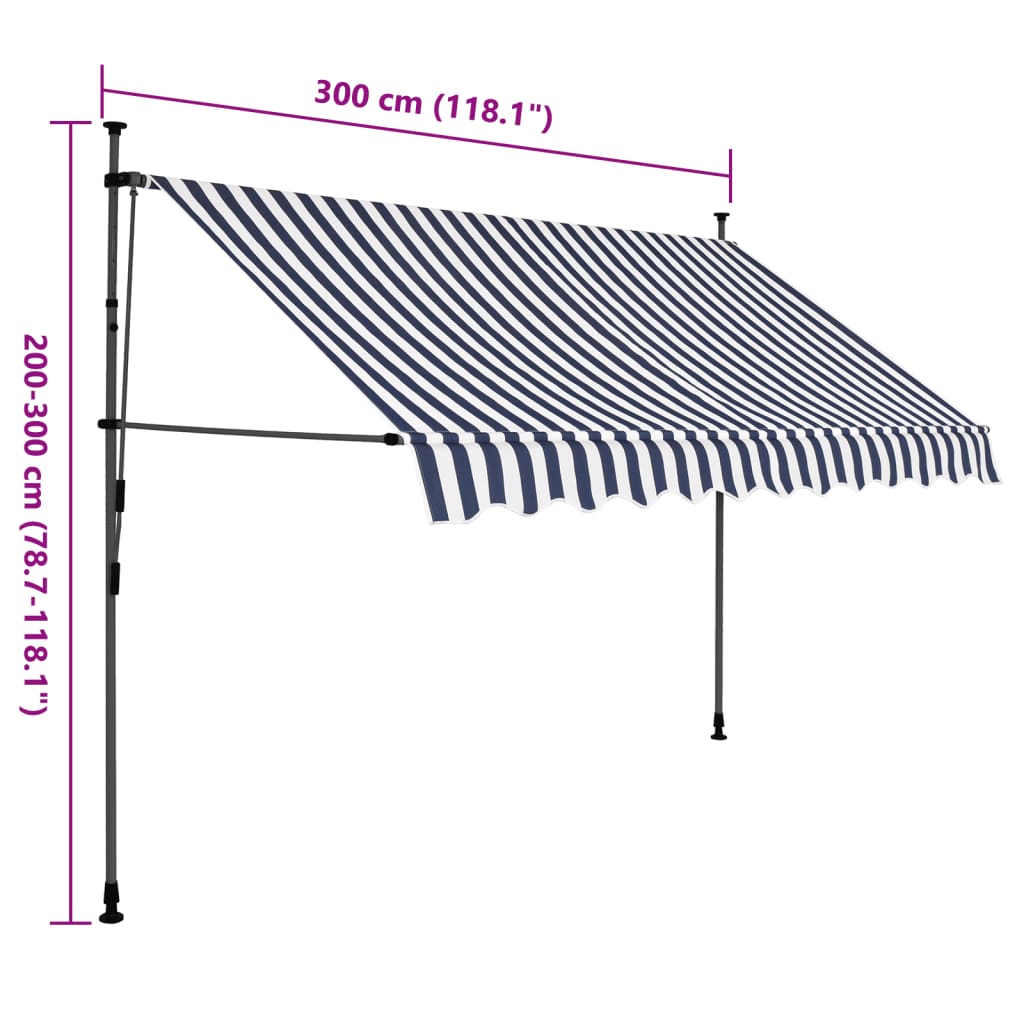 kék és fehér kézzel kihúzható LED-es napellenző 300 cm