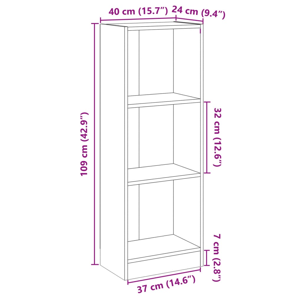 3 szintes betonszürke szerelt fa könyvszekrény 40x24x109 cm