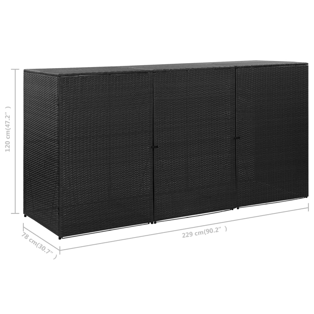fekete polyrattan kukatároló 3 db kerekes kukához 229x78x120cm