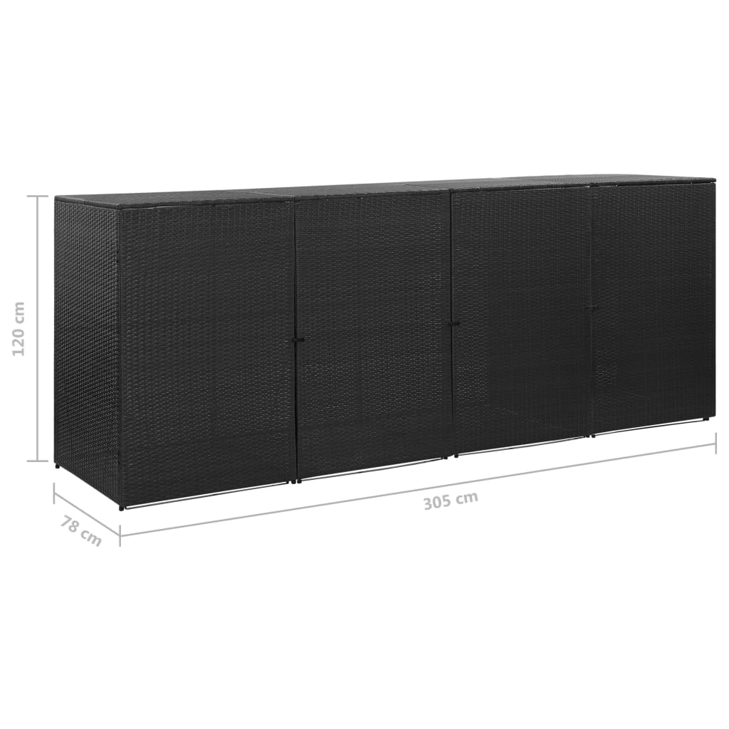 fekete polyrattan kukatároló 4 db kerekes kukához 305x78x120 cm
