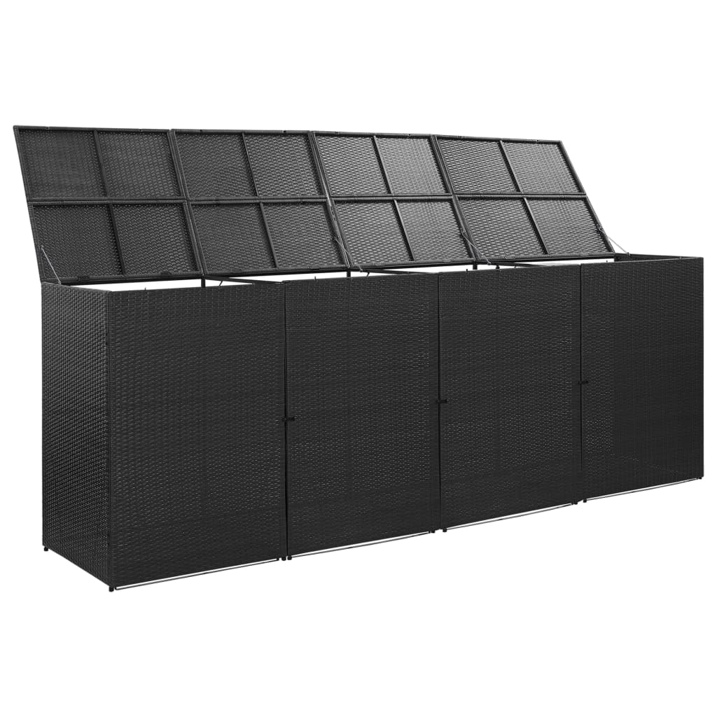 fekete polyrattan kukatároló 4 db kerekes kukához 305x78x120 cm