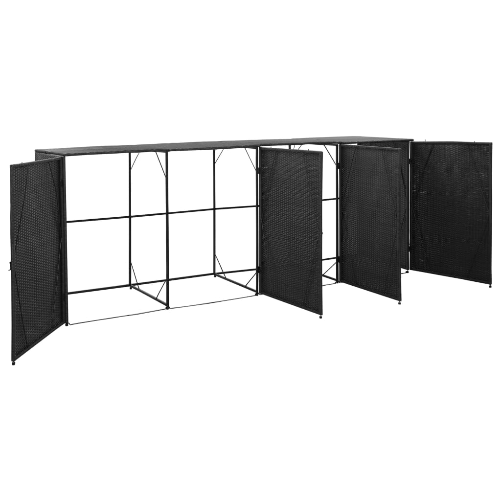 fekete polyrattan kukatároló 4 db kerekes kukához 305x78x120 cm