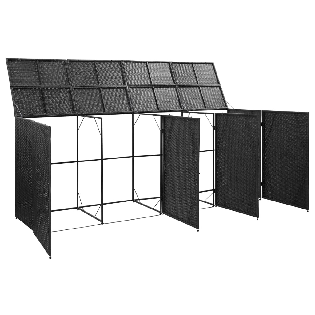 fekete polyrattan kukatároló 4 db kerekes kukához 305x78x120 cm