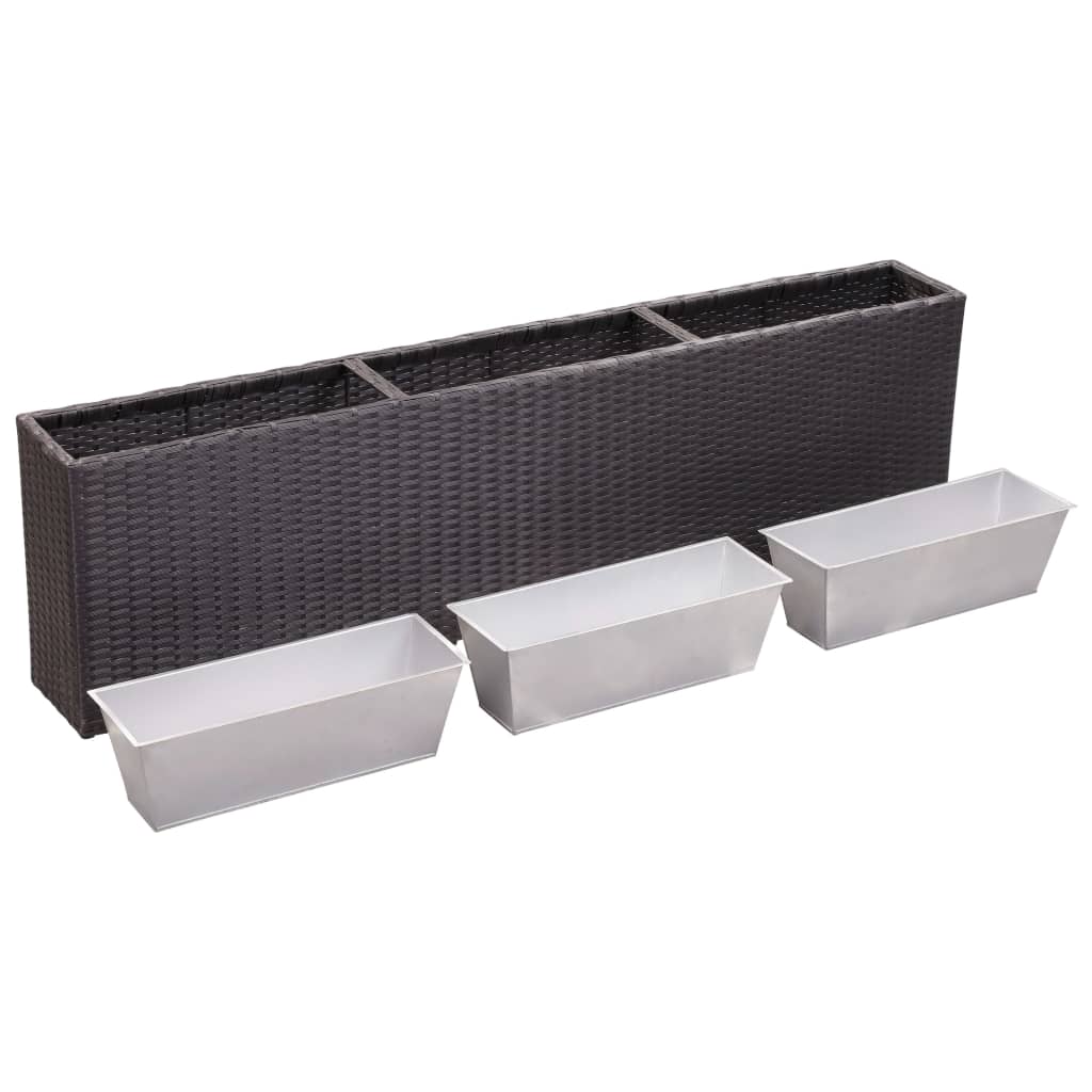 fekete polyrattan kerti magaságyás 3 kaspóval 150 x 20 x 40 cm