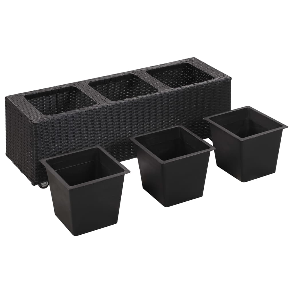 fekete polyrattan kerti magaságyás 3 kaspóval 100 x 30 x 36 cm