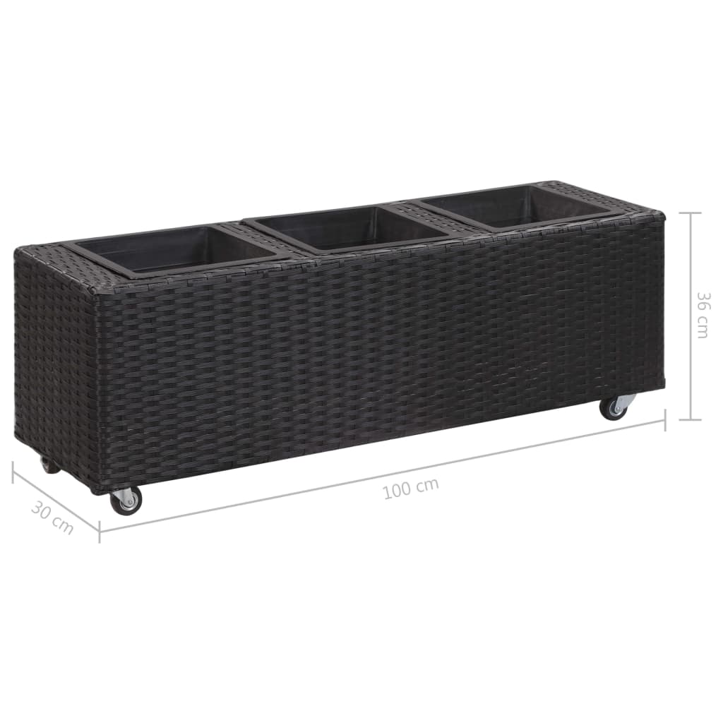 fekete polyrattan kerti magaságyás 3 kaspóval 100 x 30 x 36 cm