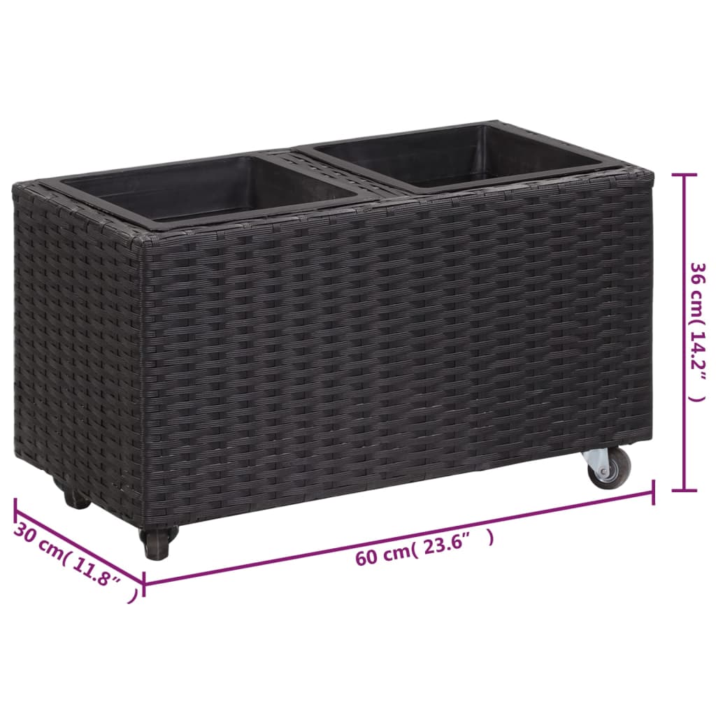 fekete polyrattan kerti magaságyás 2 kaspóval 60 x 30 x 36 cm