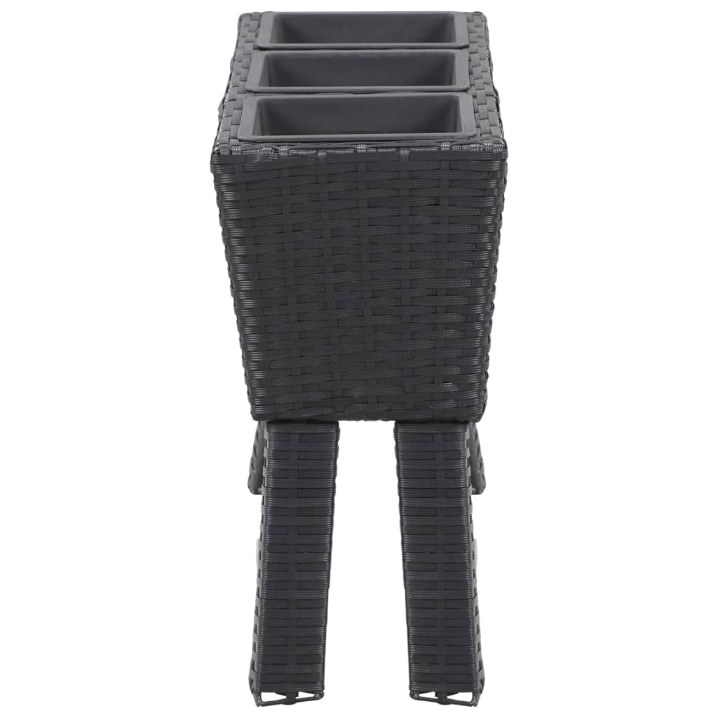 fekete polyrattan kerti magaságyás 3 kaspóval 72 x 25 x 50 cm