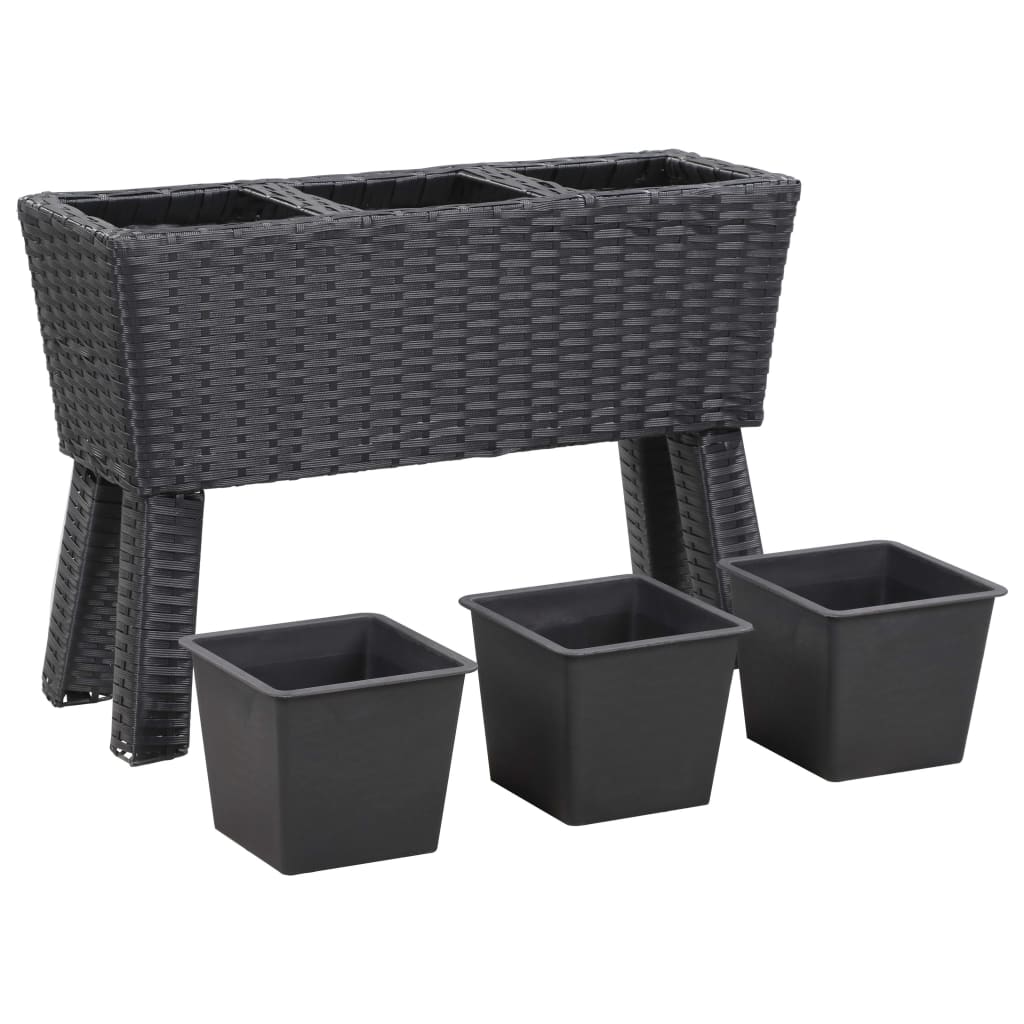 fekete polyrattan kerti magaságyás 3 kaspóval 72 x 25 x 50 cm