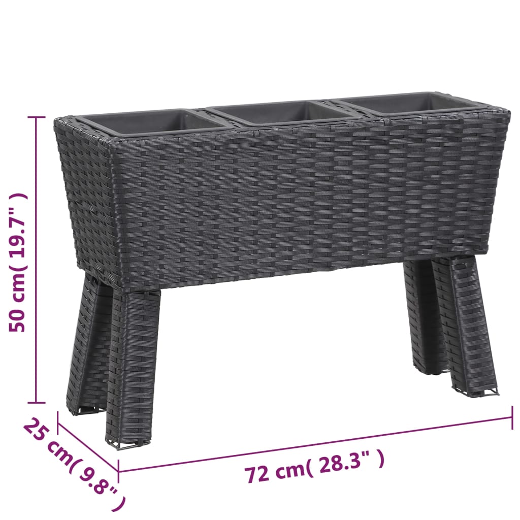 fekete polyrattan kerti magaságyás 3 kaspóval 72 x 25 x 50 cm