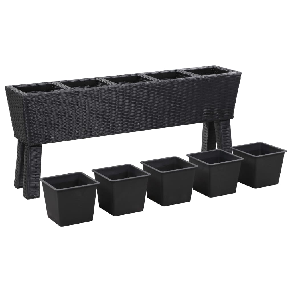 fekete polyrattan kerti magaságyás 5 kaspóval 118 x 25 x 50 cm