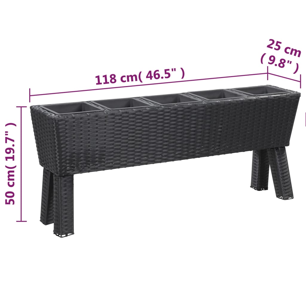 fekete polyrattan kerti magaságyás 5 kaspóval 118 x 25 x 50 cm