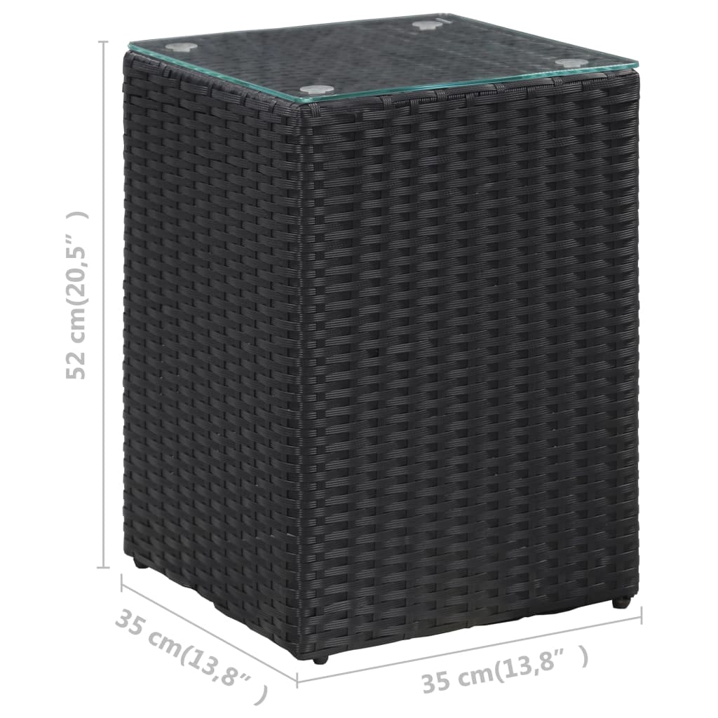 fekete polyrattan kisasztal üveg asztallappal 35 x 35 x 52 cm