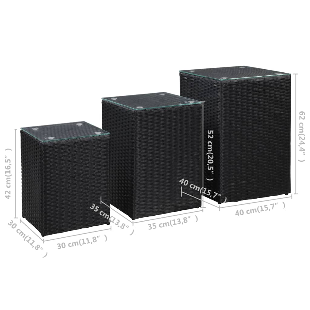 3 db fekete polyrattan kisasztal üveg asztallappal
