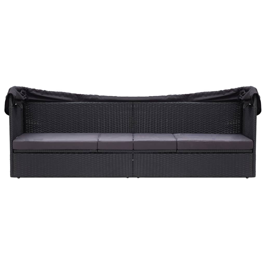 fekete polyrattan kültéri kanapé napellenzővel