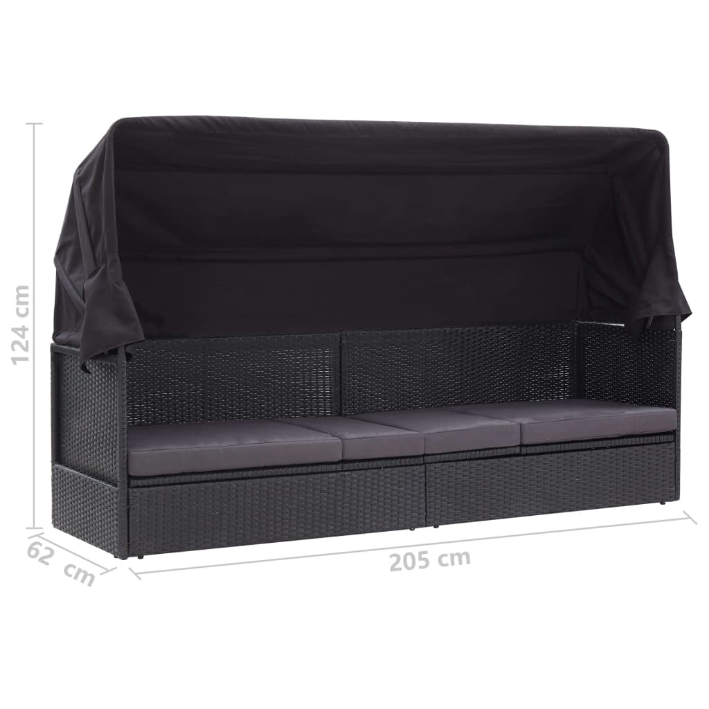 fekete polyrattan kültéri kanapé napellenzővel