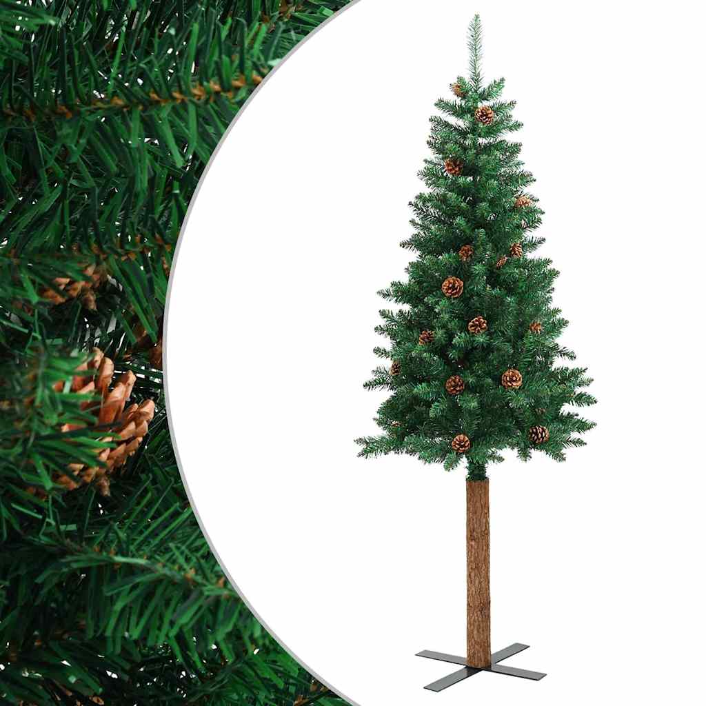 zöld PVC vékony karácsonyfa valódi fával és tobozzal 150 cm