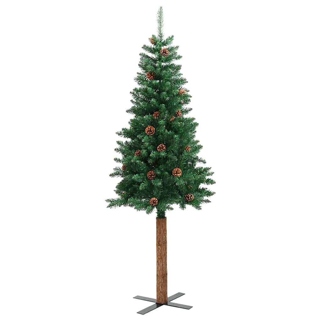 zöld PVC vékony karácsonyfa valódi fával és tobozzal 150 cm