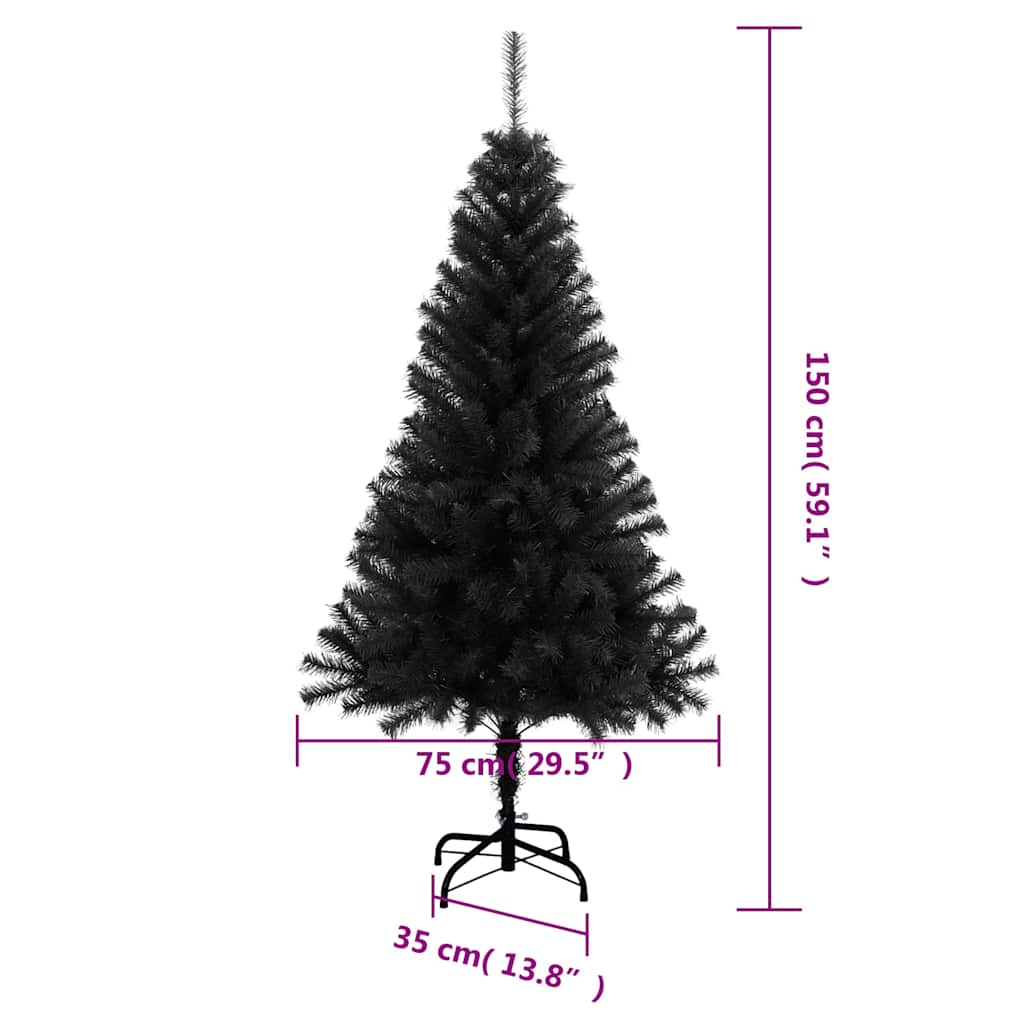 fekete PVC műkarácsonyfa állvánnyal 150 cm