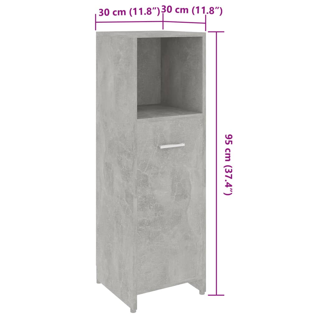 betonszürke szerelt fa fürdőszobaszekrény 30 x 30 x 95 cm