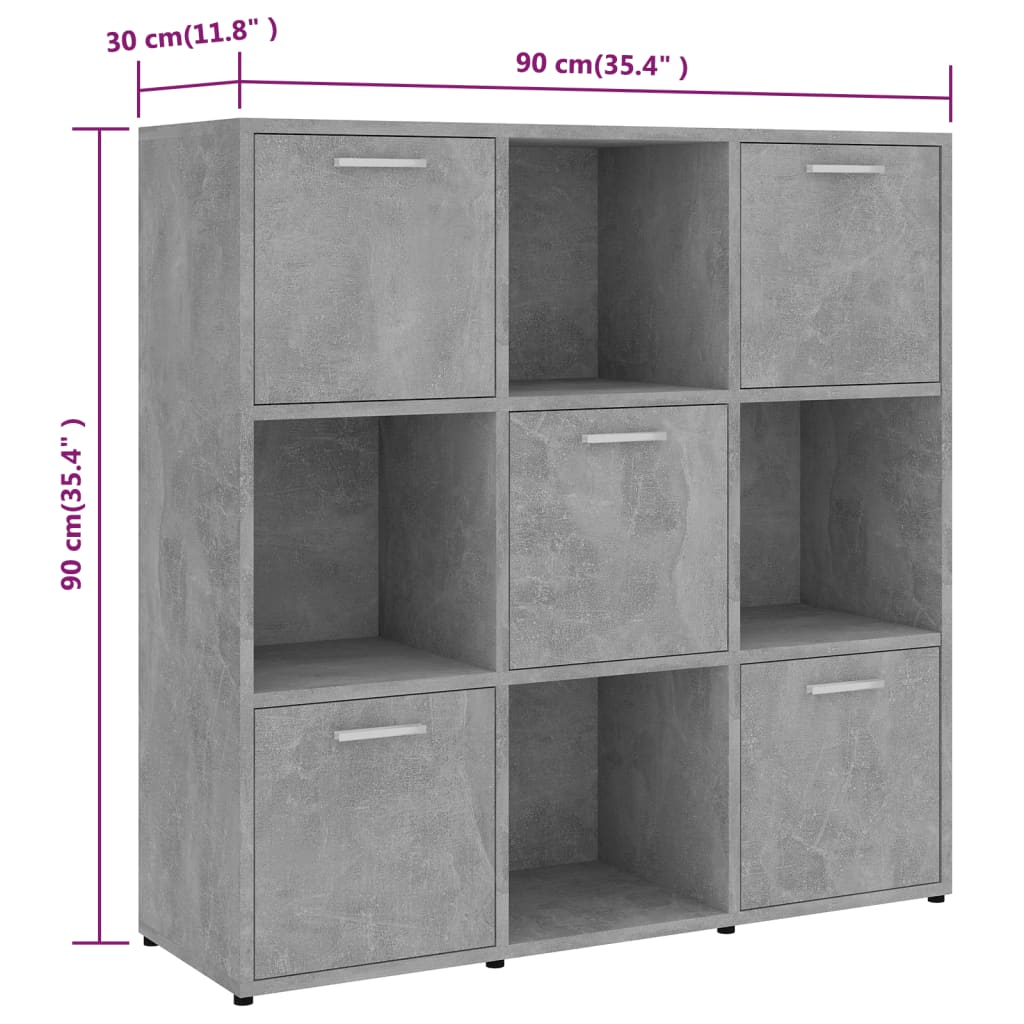 betonszürke szerelt fa könyvszekrény 90 x 30 x 90 cm