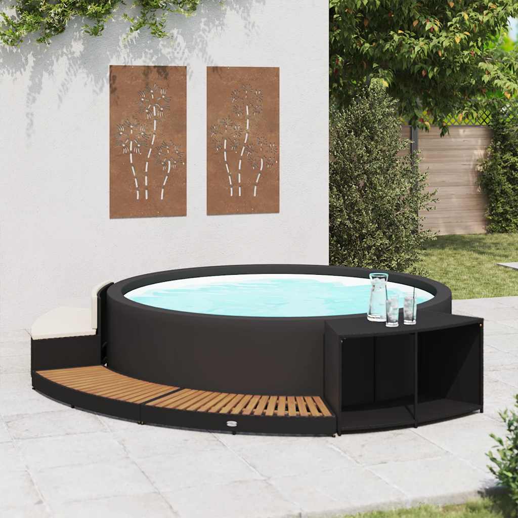 fekete polyrattan és akácfa pezsgőfürdőkeret