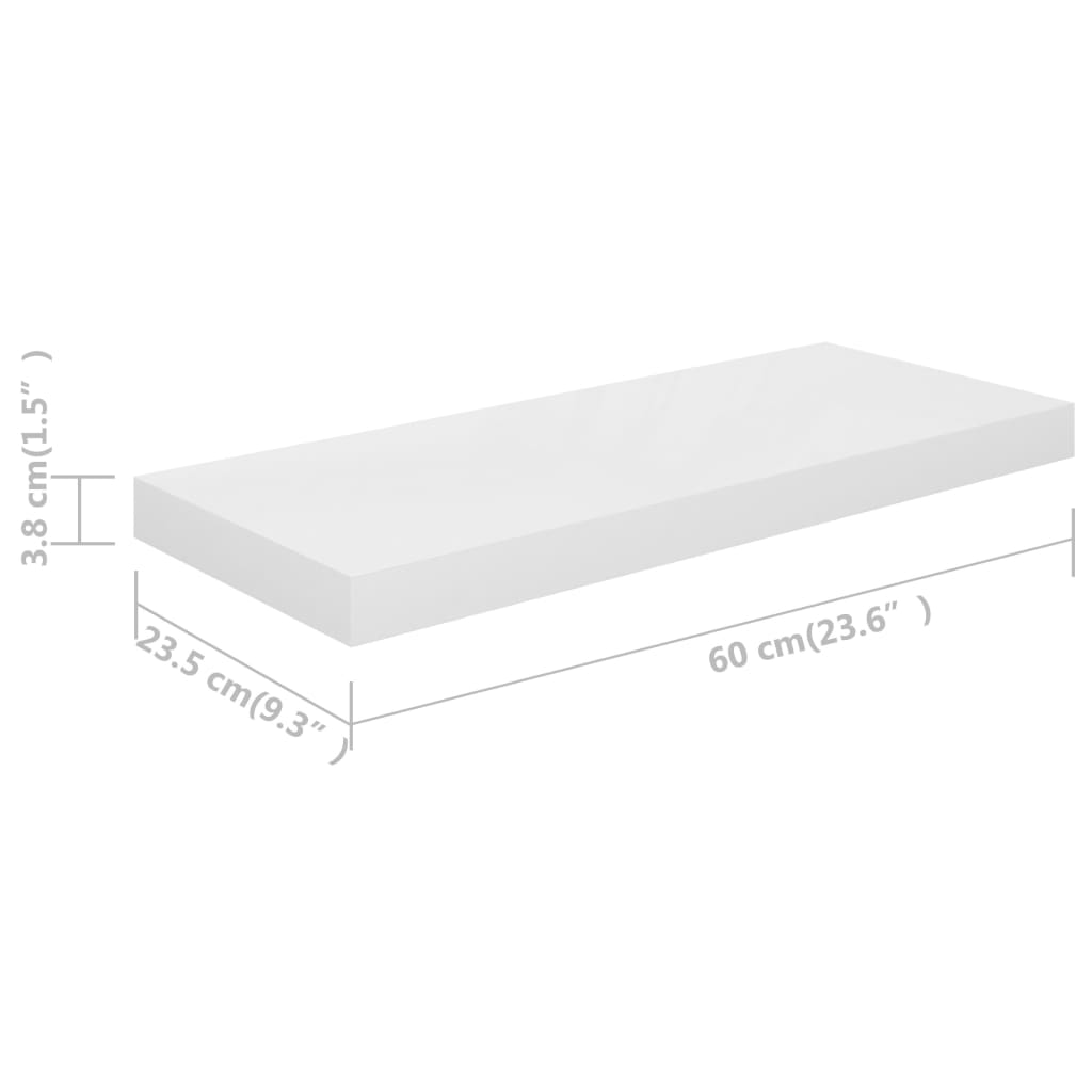 2 db magasfényű fehér MDF lebegő fali polc 60 x 23,5 x 3,8 cm
