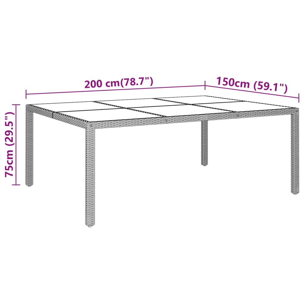 fekete polyrattan és edzett üveg kerti asztal 200 x 150 x 75 cm