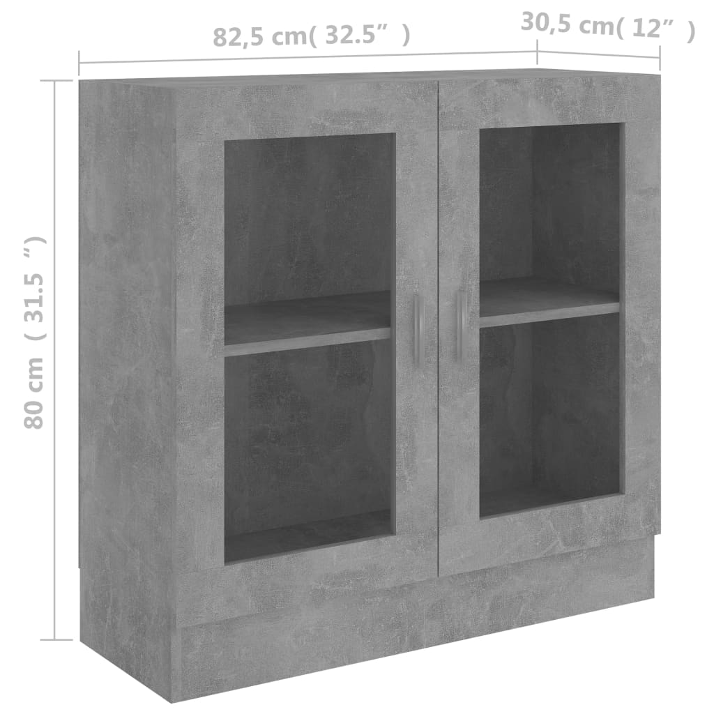 betonszürke szerelt fa vitrinszekrény 82,5 x 30,5 x 80 cm