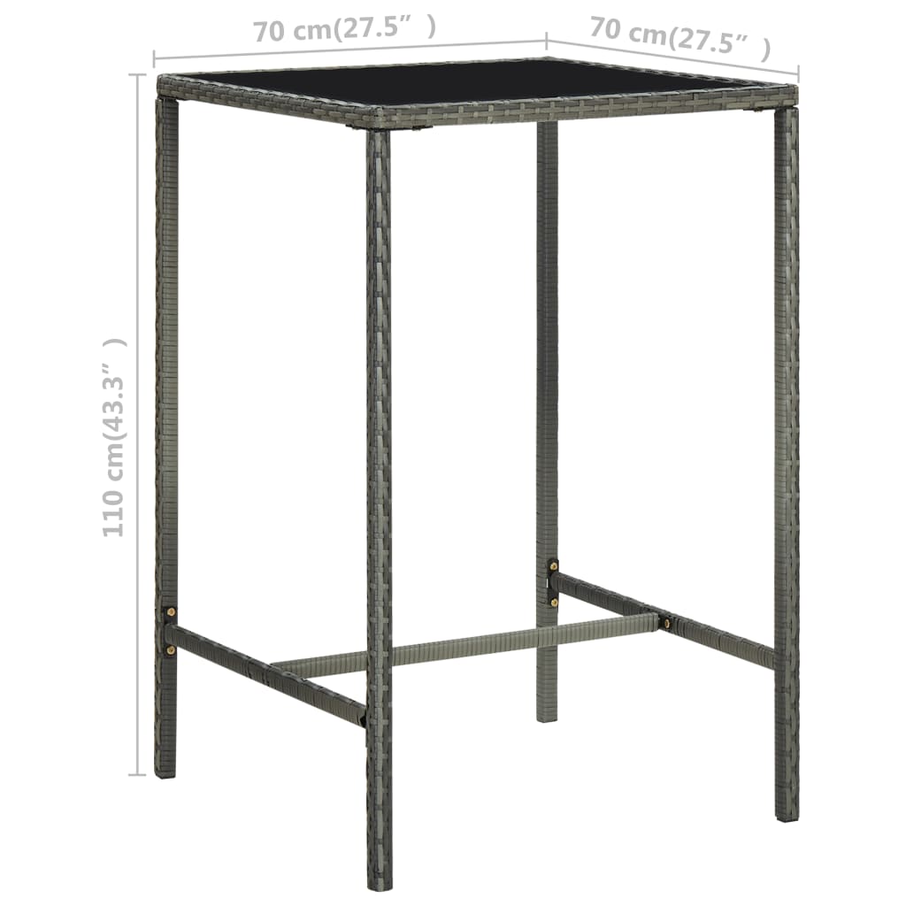 szürke polyrattan és üveg kerti bárasztal 70 x 70 x 110 cm