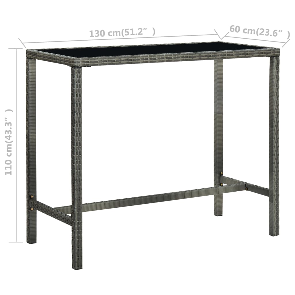 szürke polyrattan és üveg kerti bárasztal 130 x 60 x 110 cm