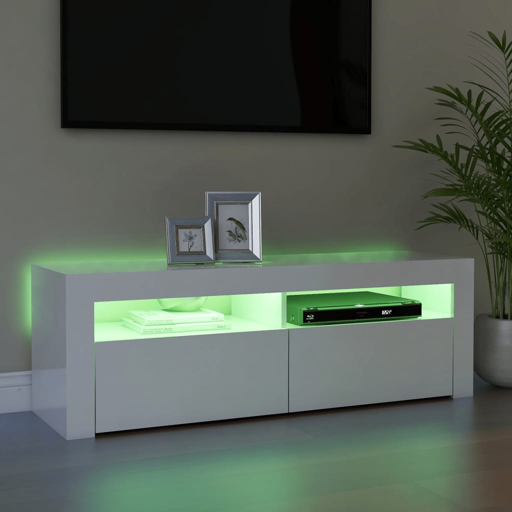 magasfényű fehér TV-szekrény LED lámpákkal 120 x 35 x 40 cm