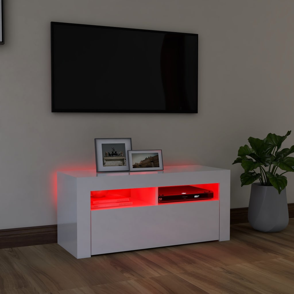 magasfényű fehér TV-szekrény LED lámpákkal 90x35x40 cm
