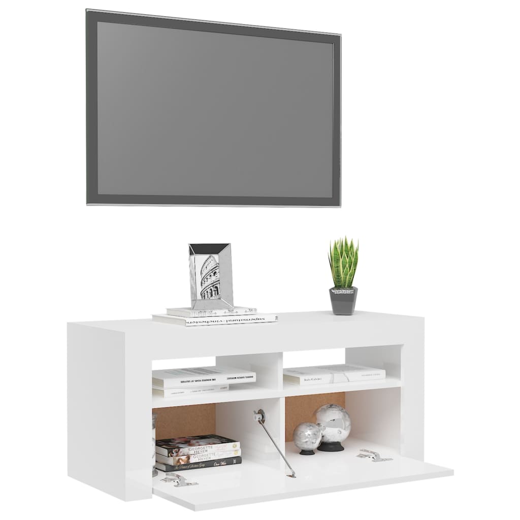 magasfényű fehér TV-szekrény LED lámpákkal 90x35x40 cm