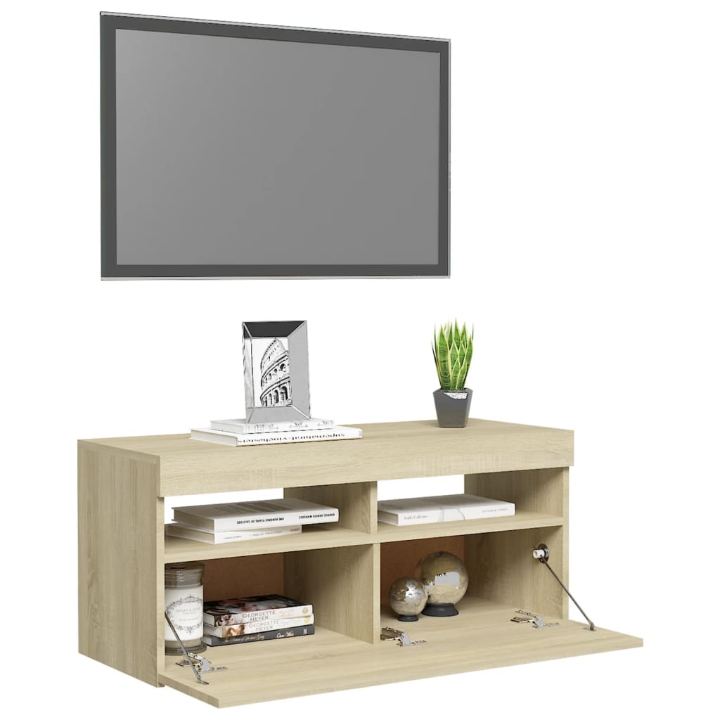 sonoma tölgy színű TV-szekrény LED-világítással 90 x 35 x 40 cm