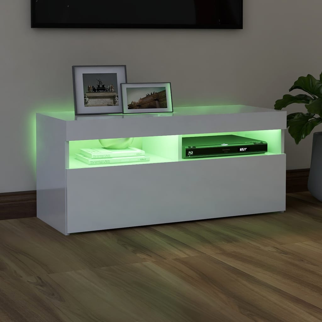 magasfényű fehér TV-szekrény LED lámpákkal 90x35x40 cm