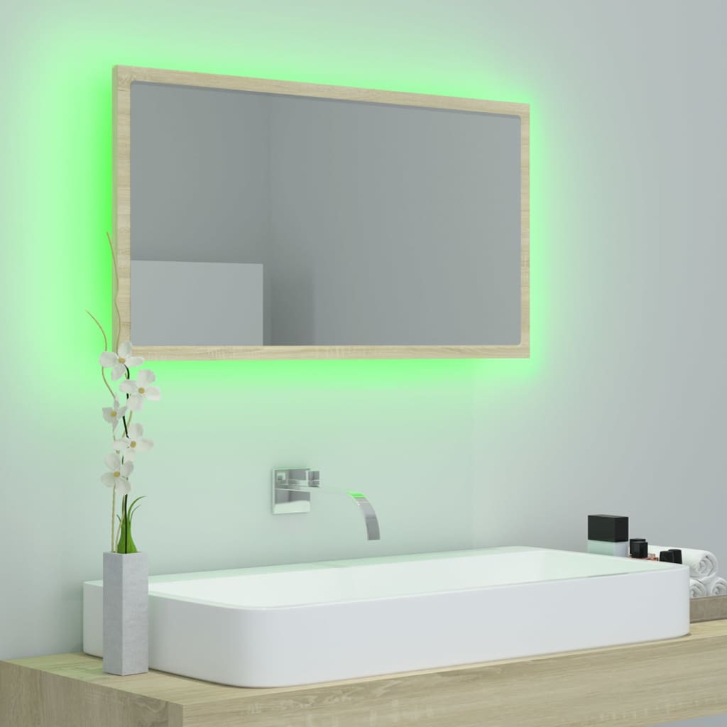 sonoma-tölgy akril LED-es fürdőszobai tükör 80x8,5x37 cm