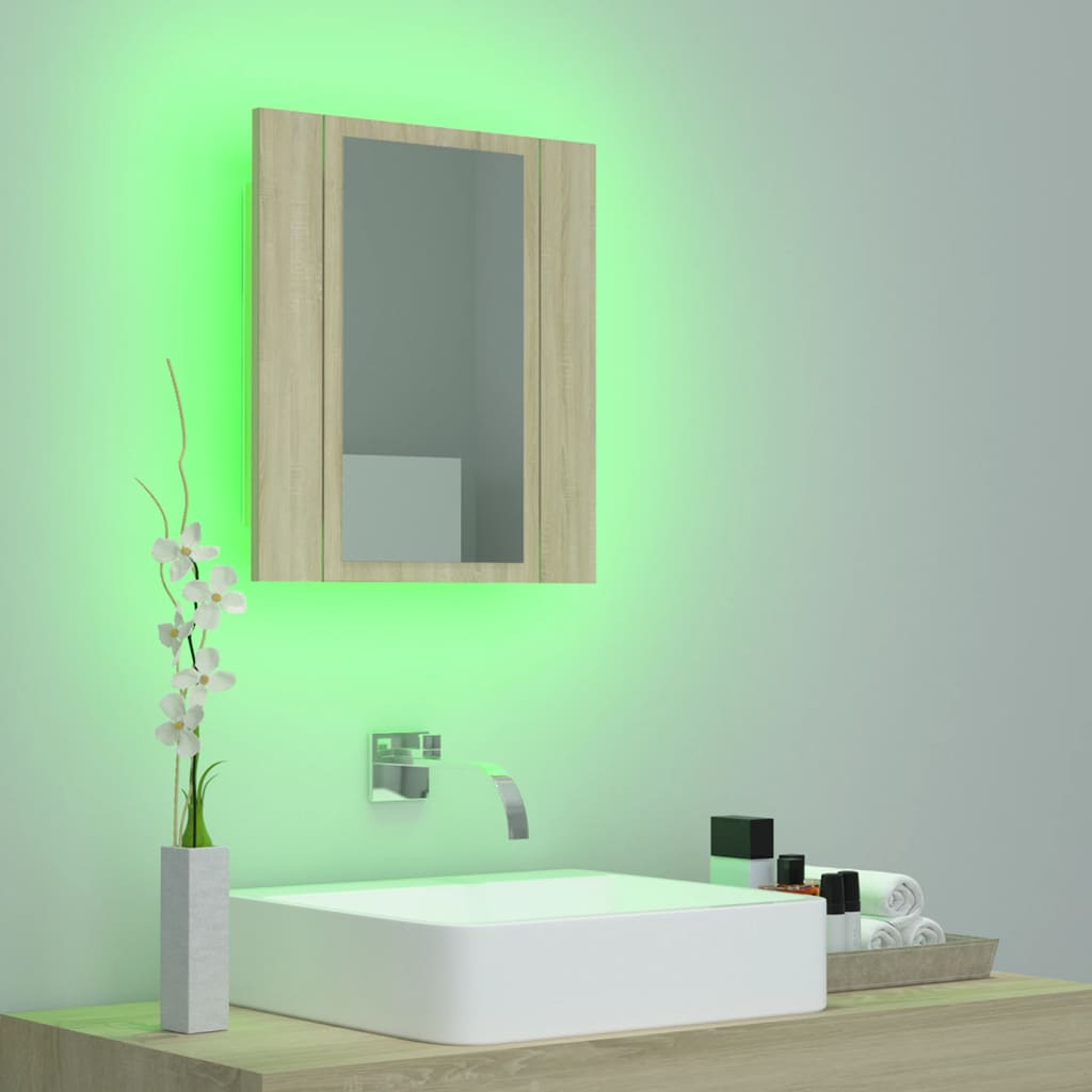 tölgyszínű akril LED-es tükrös fürdőszobaszekrény 40x12x45 cm
