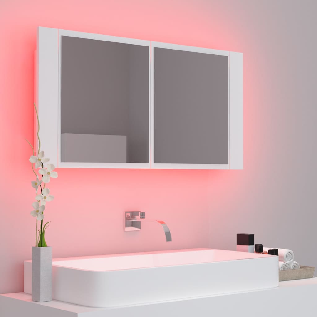 fehér akril LED-es fürdőszobaszekrény tükörrel 90x12x45 cm
