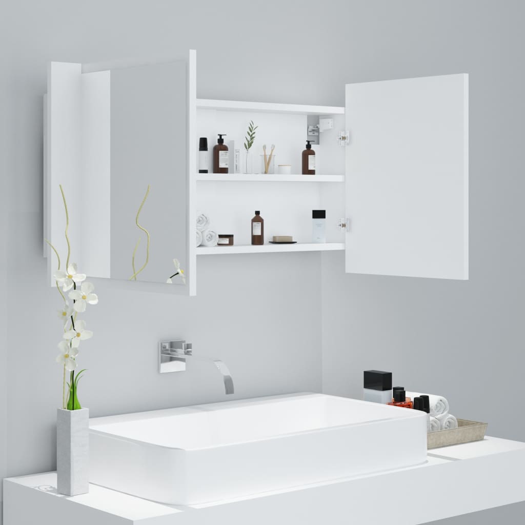 fehér akril LED-es fürdőszobaszekrény tükörrel 90x12x45 cm