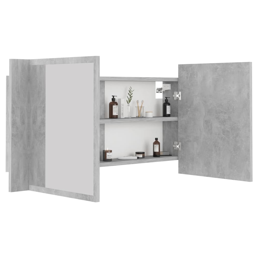 betonszürke akril LED-es tükrös fürdőszobaszekrény 90x12x45 cm