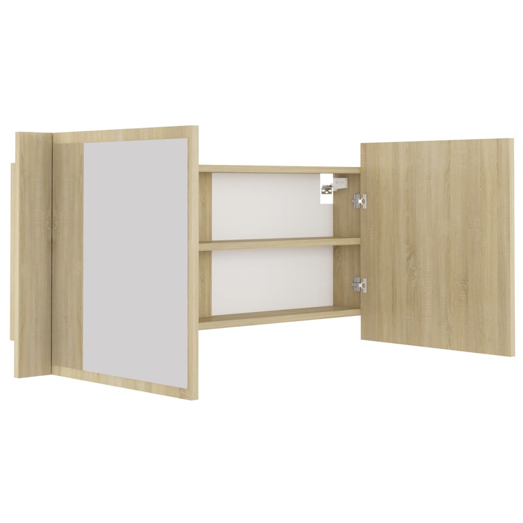 tölgyszínű akril LED-es tükrös fürdőszobaszekrény 100x12x45 cm
