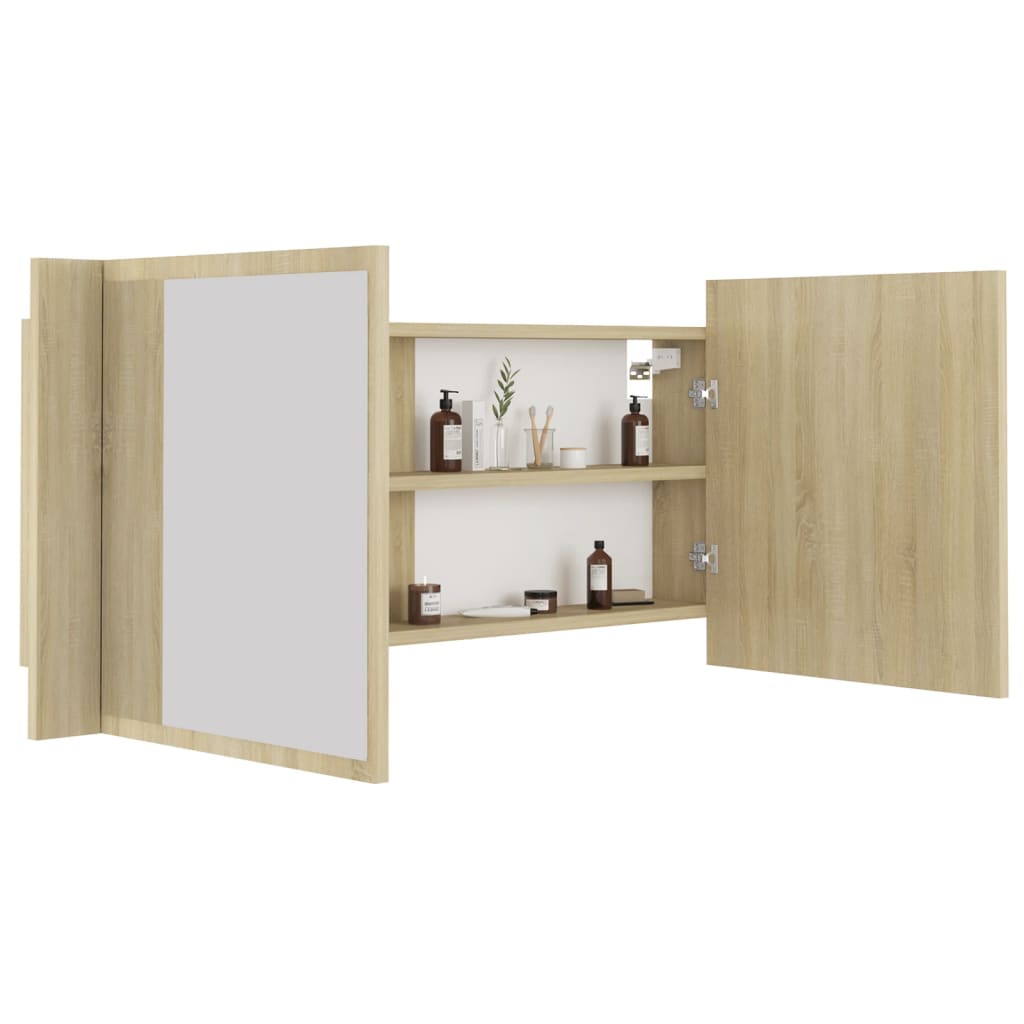tölgyszínű akril LED-es tükrös fürdőszobaszekrény 100x12x45 cm