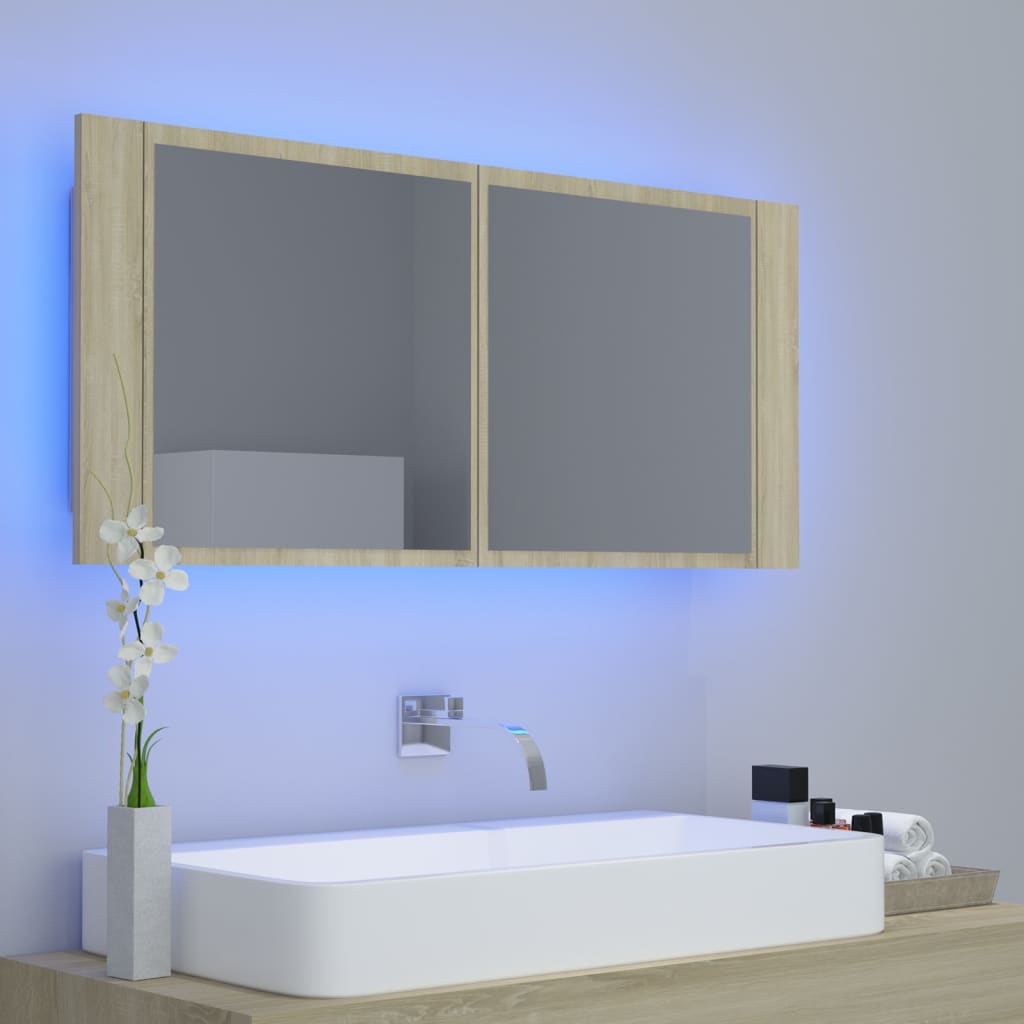 tölgyszínű akril LED-es tükrös fürdőszobaszekrény 100x12x45 cm