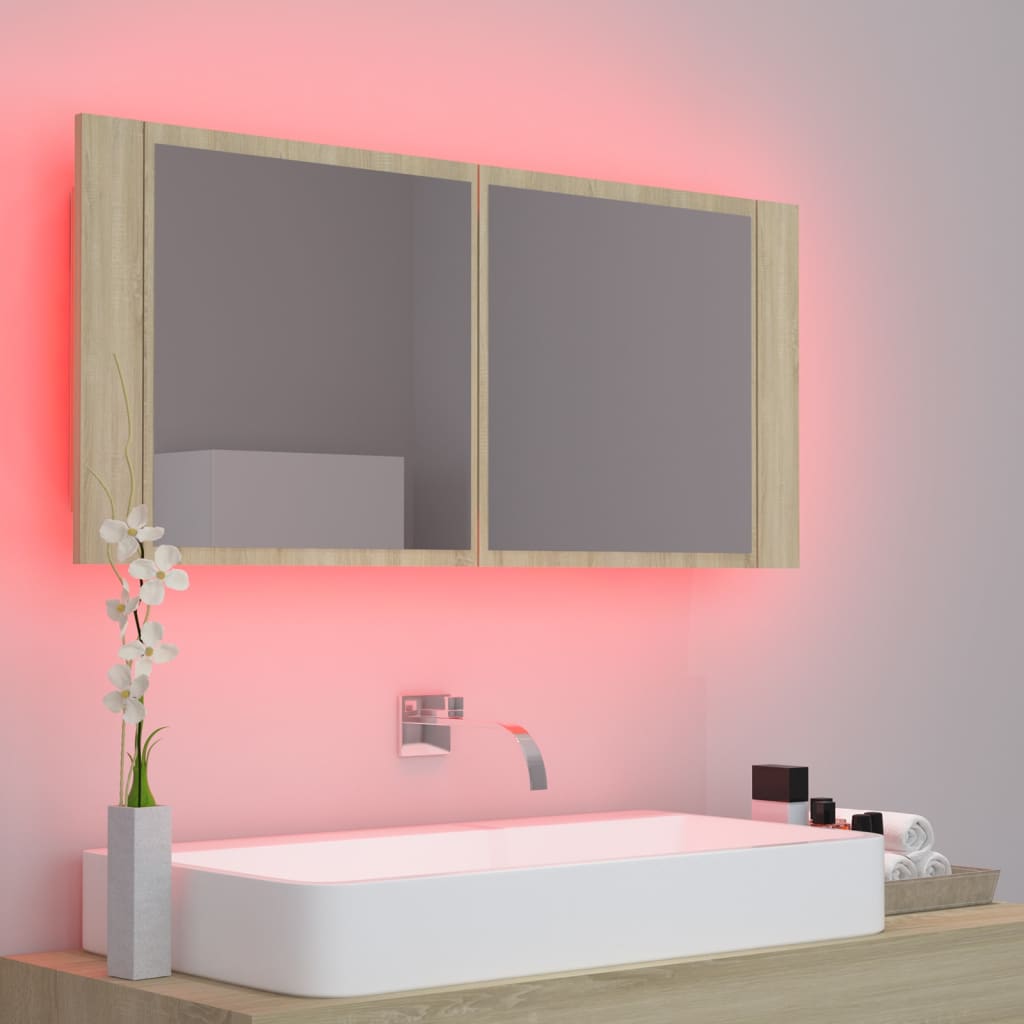 tölgyszínű akril LED-es tükrös fürdőszobaszekrény 100x12x45 cm